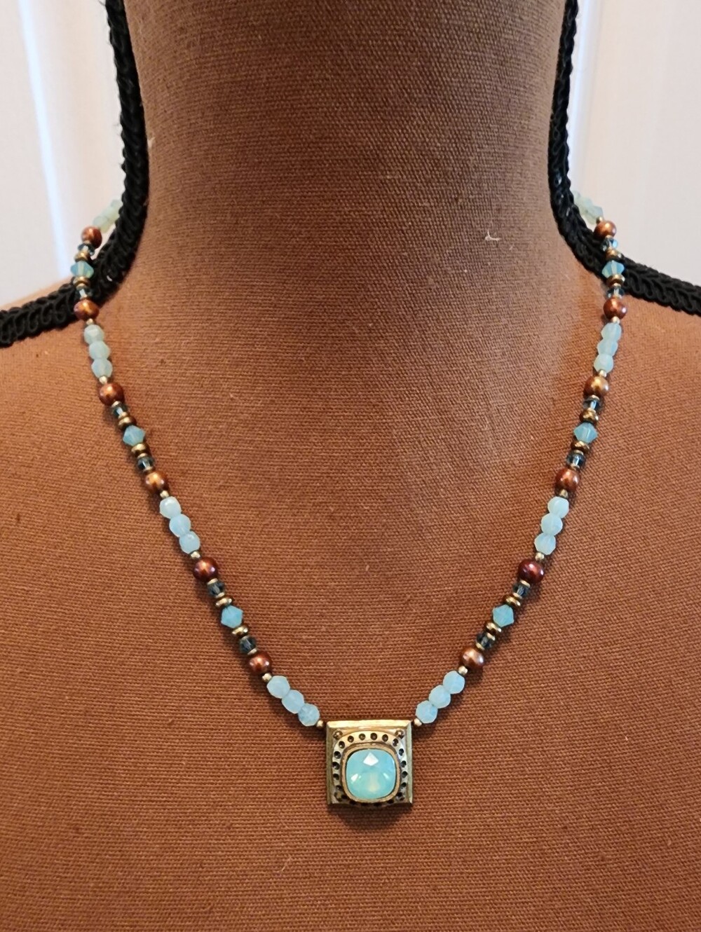 Vintage Michael Golan Brass / Lucite Beaded Aquamarine Colored Pendant Necklace